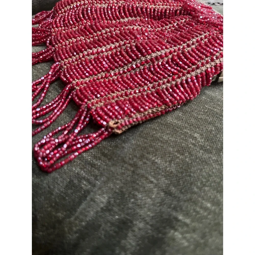 Antique 1920s‎ Red Micro Beaded Fringe Purse Art Deco Floral Brass Frame Flapper